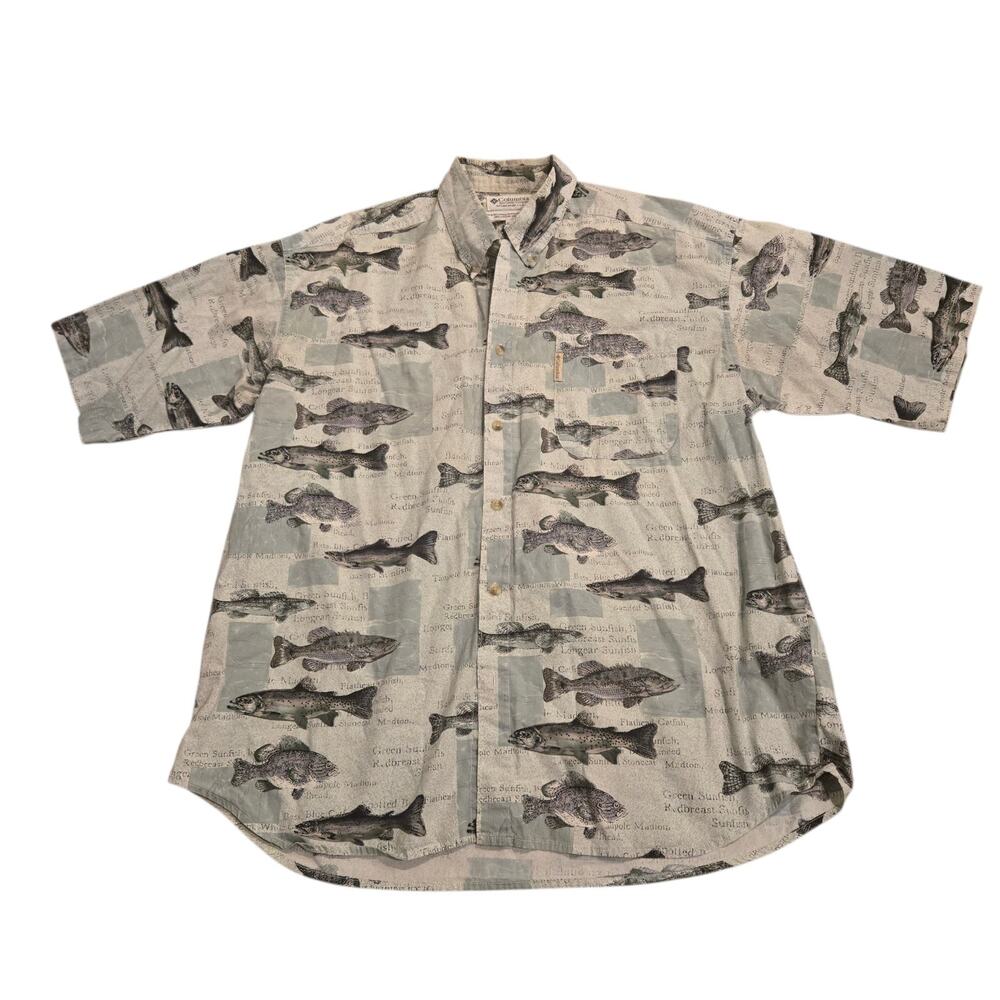 Vtg Columbia Button Down Shirt XL Muskie Sunfish Crappie Short Sleeve Fishing